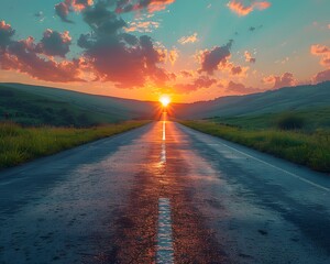 Beautiful sky and sunrise on a road outside a city can symbolize a fresh and hopeful new beginning. which can be used as inspiration to start something new Or in promoting morale in daily life.