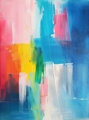 Wall Mural - Vibrant, colorful brush strokes create a modern abstract painting. Blue, green, pink, red, white, and yellow hues add brightness