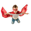 © KimlyPNG - Little boy flying with superhero red cape and mask isolate on transparency background PNG