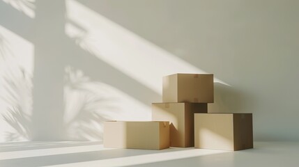 Aufkleber - Abstract composition of cardboard boxes in minimalist style. Simple geometric forms arranged in a soft light and shadow. Versatile for design projects. Perfect for conveying simplicity and order. AI