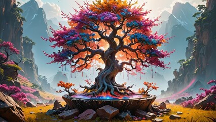 Poster - Mystical Tree with Colorful Blooms in Mountain Landscape.