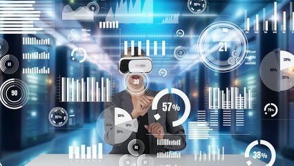 Wall Mural - Businesswoman selecting market business data research analysis graph monitor by VR global innovation interface digital infographic network technology visual hologram animation at server. Contraption.