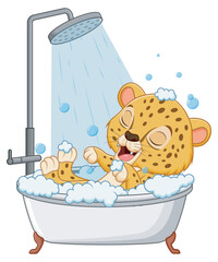 Wall Mural - Cute Cheetah Cartoon Bathing In Bathtub. Animal Nature Icon Concept Isolated Premium Vector. Vector Illustration