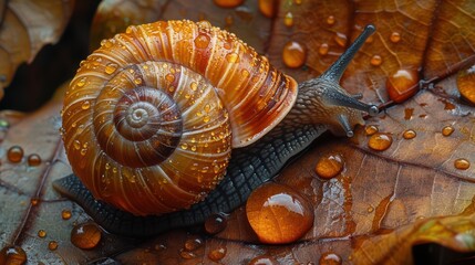 Sticker - A minute rainforest snail, its shell a spiral of translucent beauty, glides over a wet leaf. The trail of moisture highlights its slow but steady progress.