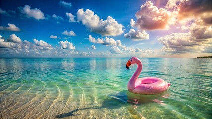 Wall Mural - Serene summer morning beach scene featuring abandoned pink swan float gently swaying on calm turquoise ocean water.