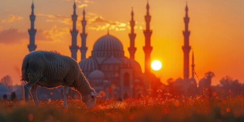 Wall Mural - Sheep Grazing at Sunset with Mosque in Background