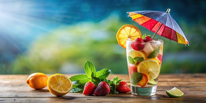 Refreshing summer cocktail garnished with citrus slices, fresh berries, colorful umbrella, and appetizing garnishes