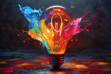 a vibrant and creative image of a light bulb with colorful paint splashes around it. 