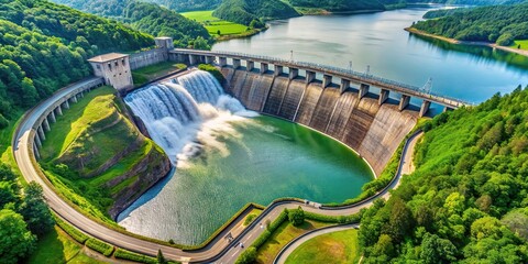 Aerial view of a massive water dam surrounded by lush greenery and flowing water, hydroelectric, energy