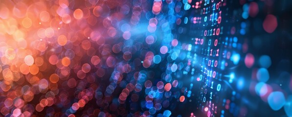 Abstract image featuring binary code combined with bokeh lights in red and blue hues, representing technology and data. Digital data technology background with binary code and glowing lights
