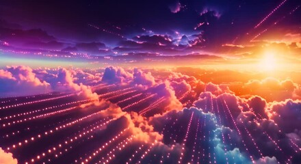 Wall Mural - Blue and orange sky with the sun in the background. The sky is filled with clouds and the sun is setting, with a futuristic technology concept