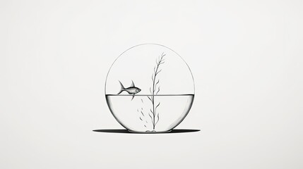 A minimalist line art drawing of a fishbowl and a single fish, capturing the essence of form and movement with simplicity and elegance