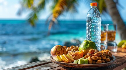 Poster - A plate of fruit and water on a table next to the ocean, AI