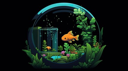 Wall Mural - A pixel art rendition of a playful guppy exploring the nooks and crannies of a pixelated fishbowl, reminiscent of retro video games