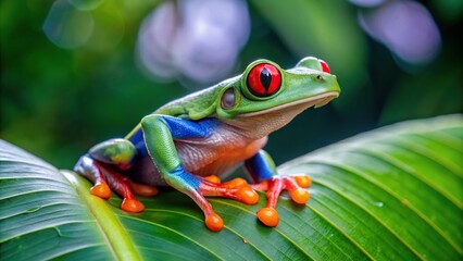 Vibrantly colored red-eyed tree frog perched on a leaf in the rainforest , amphibian, tropical, wildlife, exotic