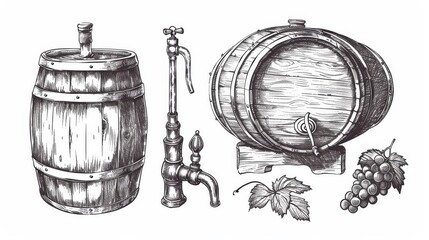 Wall Mural - Isolated sketch of a wooden container with a tap. Ideal for beverages like wine and beer.