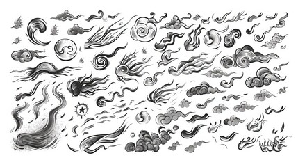 Air wind motions, windy storms blowing and hurricanes curling, modern icons. Wind cartoon effects in doodle line art, autumn winds blowing in speed motion, windy spiral clouds.