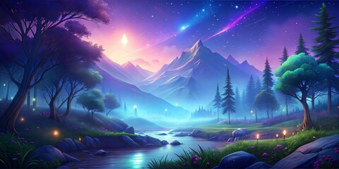Wall Mural - beautiful night forest landscape with trees,starry and stars