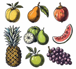 Wall Mural - Modern set of juicy fruits. Tropical ripe citrus, grape, peach, pear, banana, watermelon, pineapple, mango, avocado, and kiwi.
