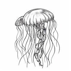 Wall Mural - Ink sketch of jellyfish or jellyfish underwater creature. Modern sealife poison medusa, aquatic aquarium animal. Vintage deep waters creature, undersea jellyfish tattoo.