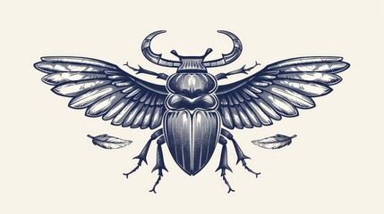 Wall Mural - Sketch of the scarab, ancient Egyptian symbol of courage and sacrifice, a sacred beetle of the pharaoh. Ancient Egyptian culture, history, and mythology amulet depicting our deity, Amun Ra, in hand