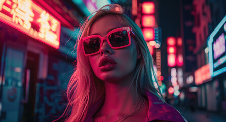 Sticker - blonde woman wearing streetwear, sunglasses, in front of neon billboard, night city background