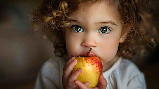 Portrait of a pretty little girl biting an apple