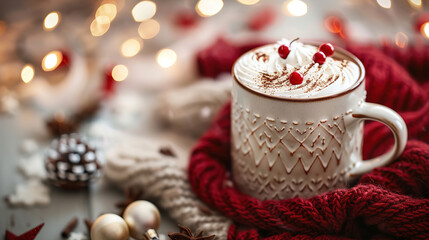 Wall Mural - Hot Chocolate with Warm Cozy Mug with Red Color and Christmas Decoration Background