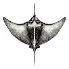 Wall Mural - An illustration of a stingray fish mascot isolated on a monochrome background and the word stingray below. Modern crampfish, underwater stinger skate, Batoidea manta ray, stingray marine animal with