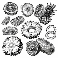 Wall Mural - Various monochrome sketches of dried fruits and berries. Dates, raisins and prunes, dried apricots and figs, pineapples and bananas.