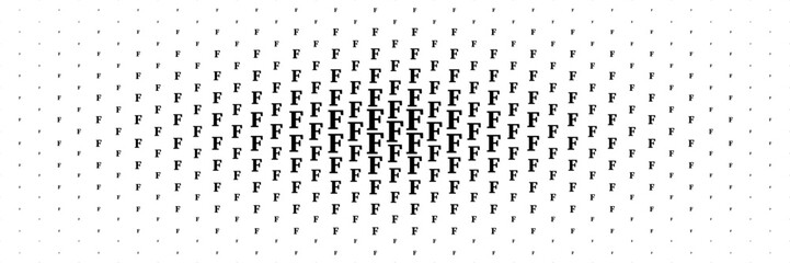 Poster - horizontal halftone of black capital letter f spreading from center for pattern and background.