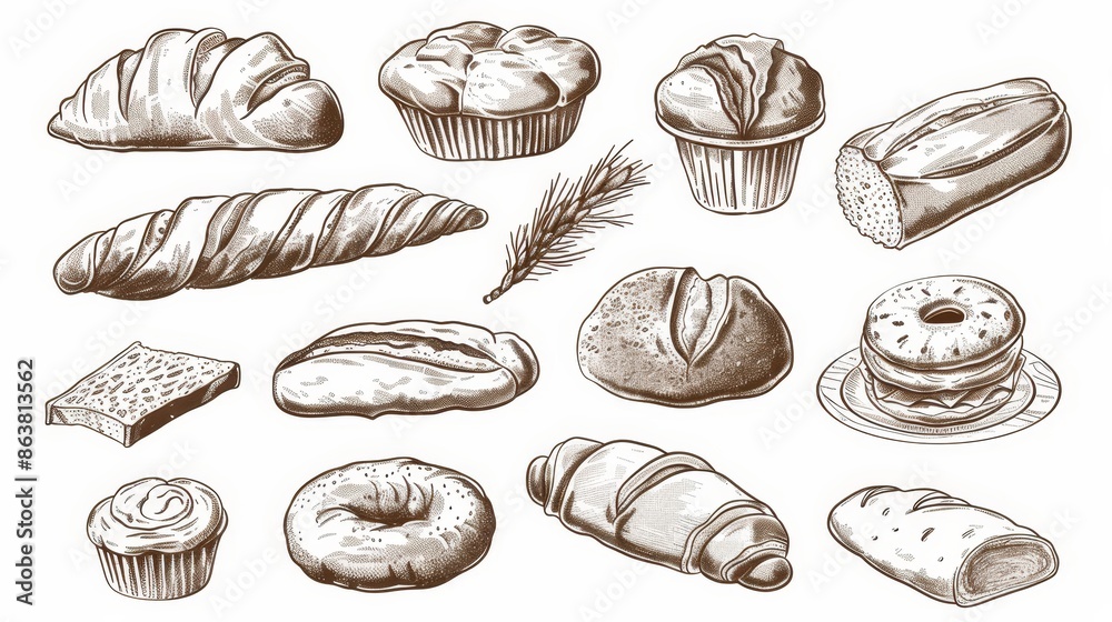 Icons of bread, bakery sketch and pastry, baked food. Marcato bread ...