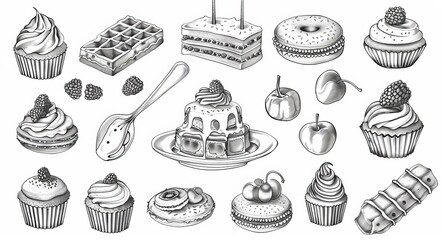 Canvas Print - A sketch of a cake and cheesecake, pastry desserts and sweet food modern hand drawn icons. Cakes in a bakery and pastry shop, desserts in a pastry shop, tiramisu, brownies, and waffles in a pastry