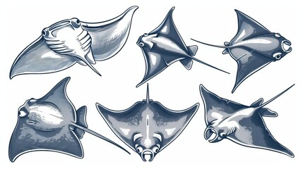 Sketch icon of stingray fish. Isolated stingray species in black and white engraving, oceanarium.