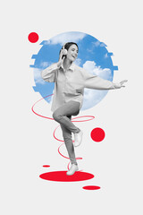 Sticker - Trend artwork composite sketch image 3D photo collage of blue sky heaven cloud young lady wear headphones listen music dance active funky