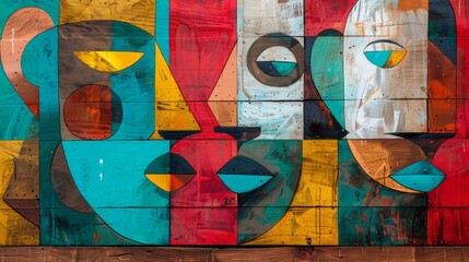 Wall Mural - Colorful abstract faces painted on wooden planks forming modern art