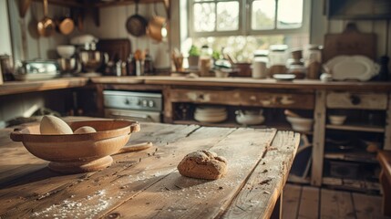 Wall Mural - Vintage wooden table in a rural kitchen setting with baking supplies and a space for recipe text