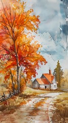 Sticker - Watercolor painting showing countryside landscape with farmhouse and orange foliage