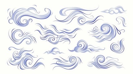 Air wind motions in doodle line art with windy hurricane blows, windy spiral clouds of breeze, windy spiral clouds of breeze. Autumn wind blowing in speed motion, autumn wind blowing in speed motion,