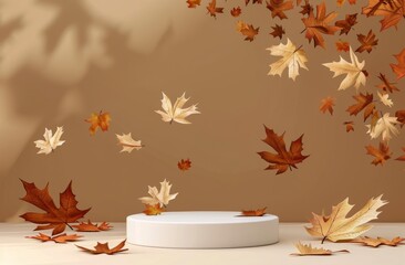 Canvas Print - White Circular Platform With Autumn Leaves Falling On A Light Beige Background