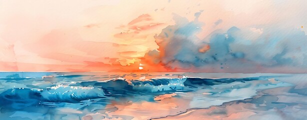 Wall Mural - Watercolor illustration of a serene beach sunset