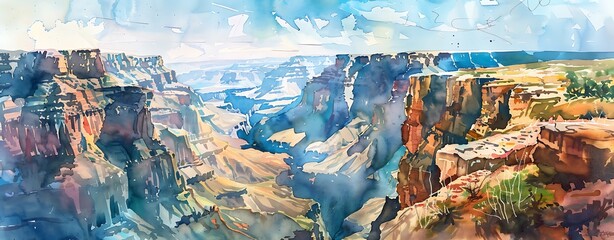Watercolor artwork of a scenic viewpoint overlooking a canyon