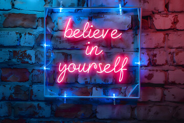 Neon sign with text believe in yourself on brick wall, motivational and inspirational quotes