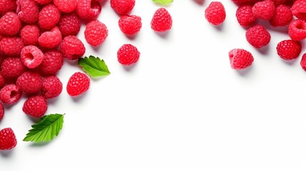 Fresh ripe raspberries with green leaves on white background, top view