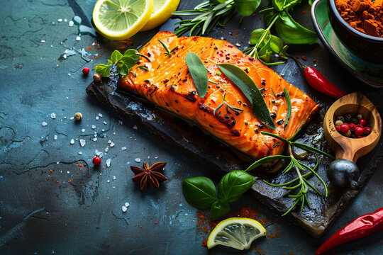a piece of salmon with herbs and spices