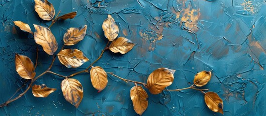 Wall Mural - Golden Leaves on a Blue Textured Background