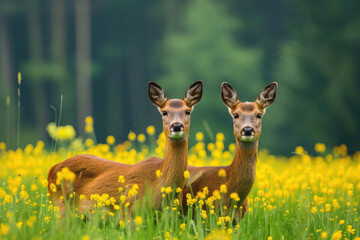 Two roe deer, a male and female, standing in a green field with yellow flowers.