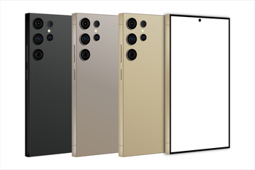 Wall Mural - Samsung - Galaxy S24 - Titanium Violet / Titanium Gray / Titanium Black / Titanium Yellow. Smartphone screen mockup side view. Phone mockup with transparent screen. Vector illustration