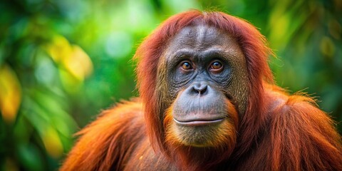 Close-up photo of a wild orangutan in its natural habitat, wildlife, orangutan, primate, jungle, conservation