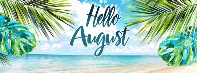 Poster - Hello August -  modern calligraphy lettering. Summer concept background, with tropical leaves and floral frame